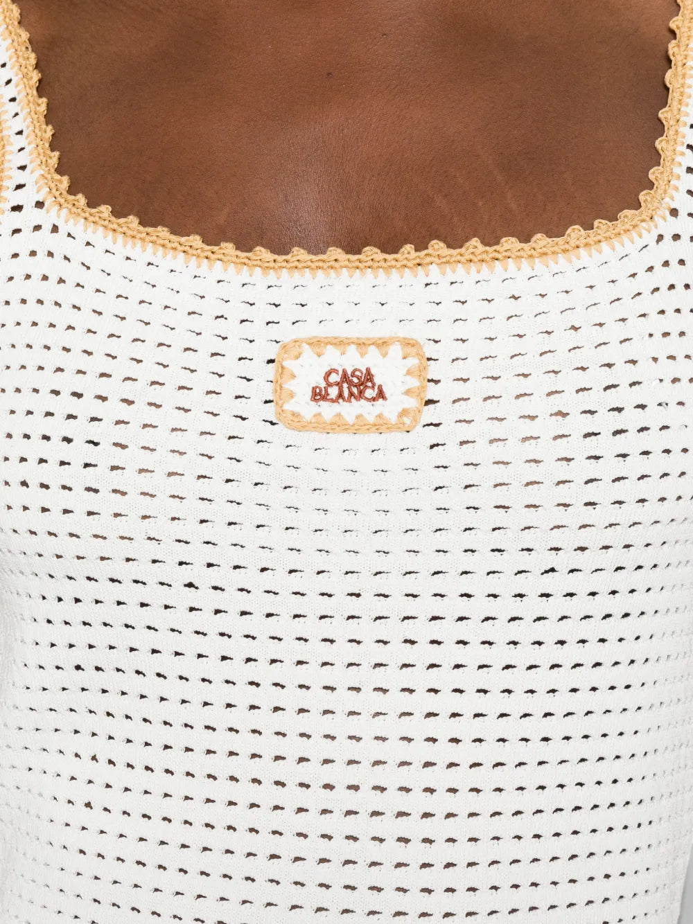 Crocheted mini dress with logo patch
