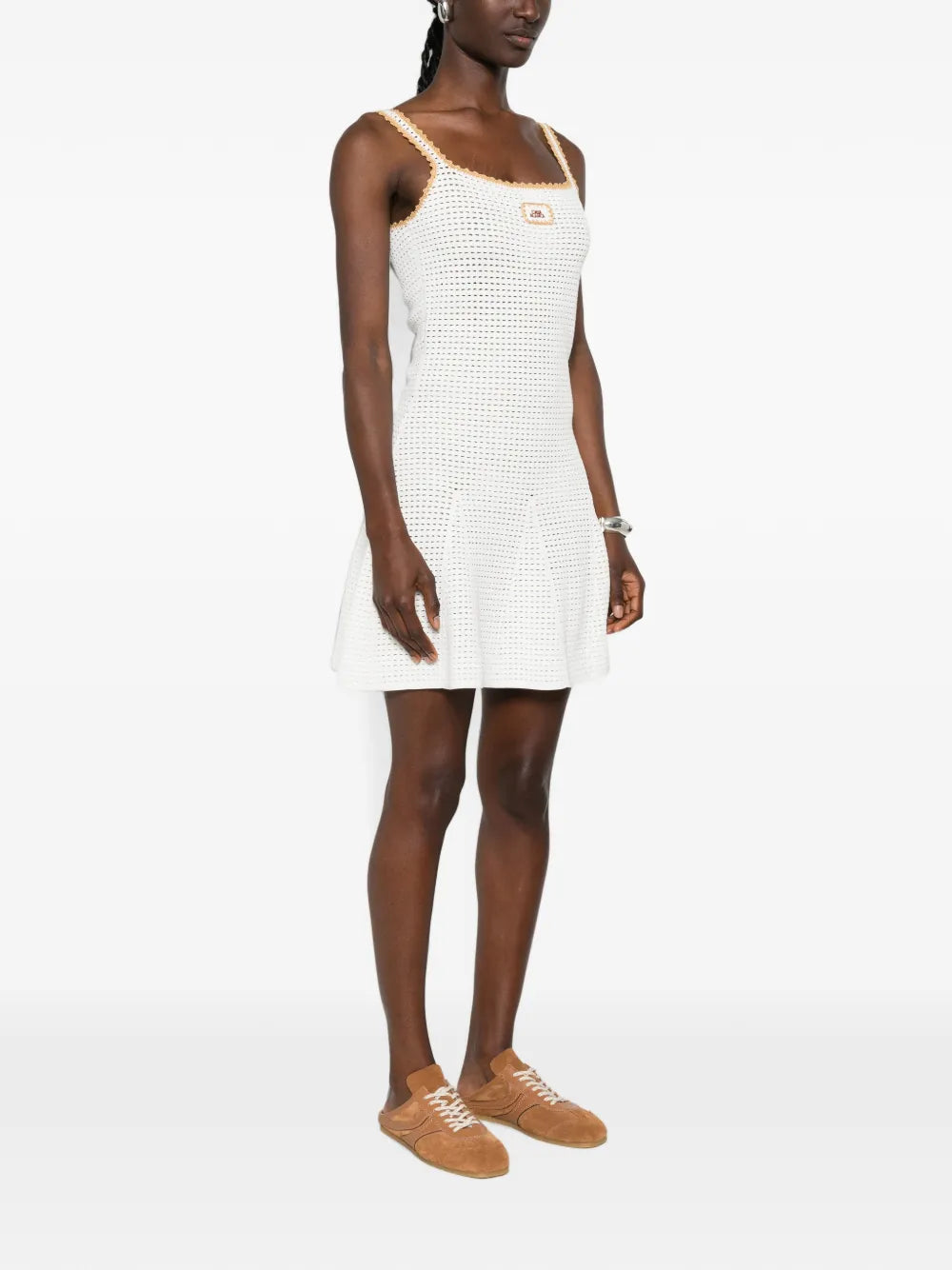 Crocheted mini dress with logo patch