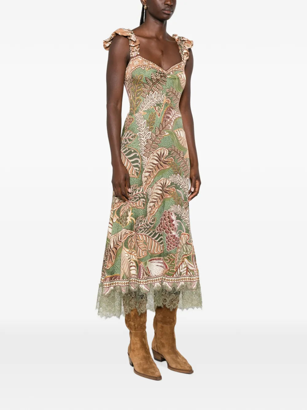 Midi dress with ruffles and leaf pattern