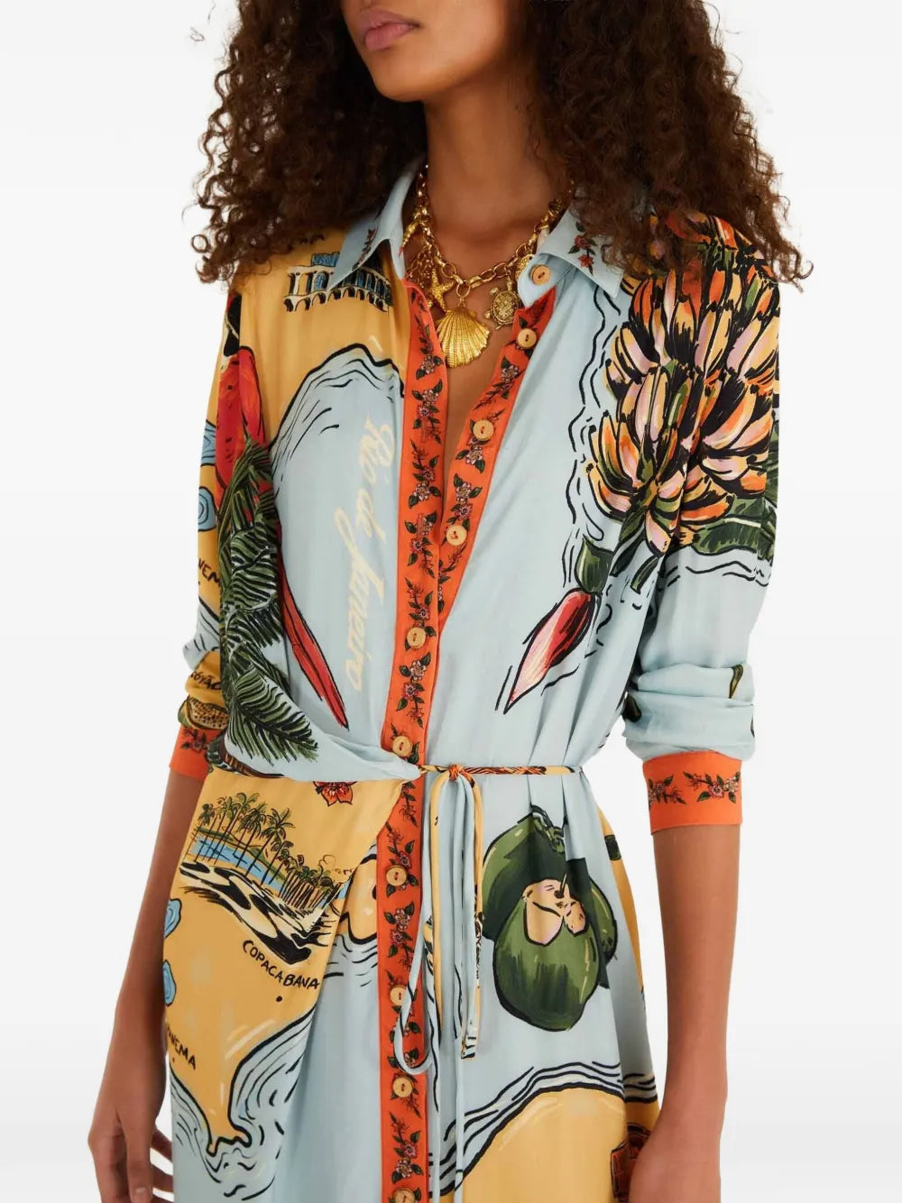 Multicolored Beaches Path maxi dress with collar