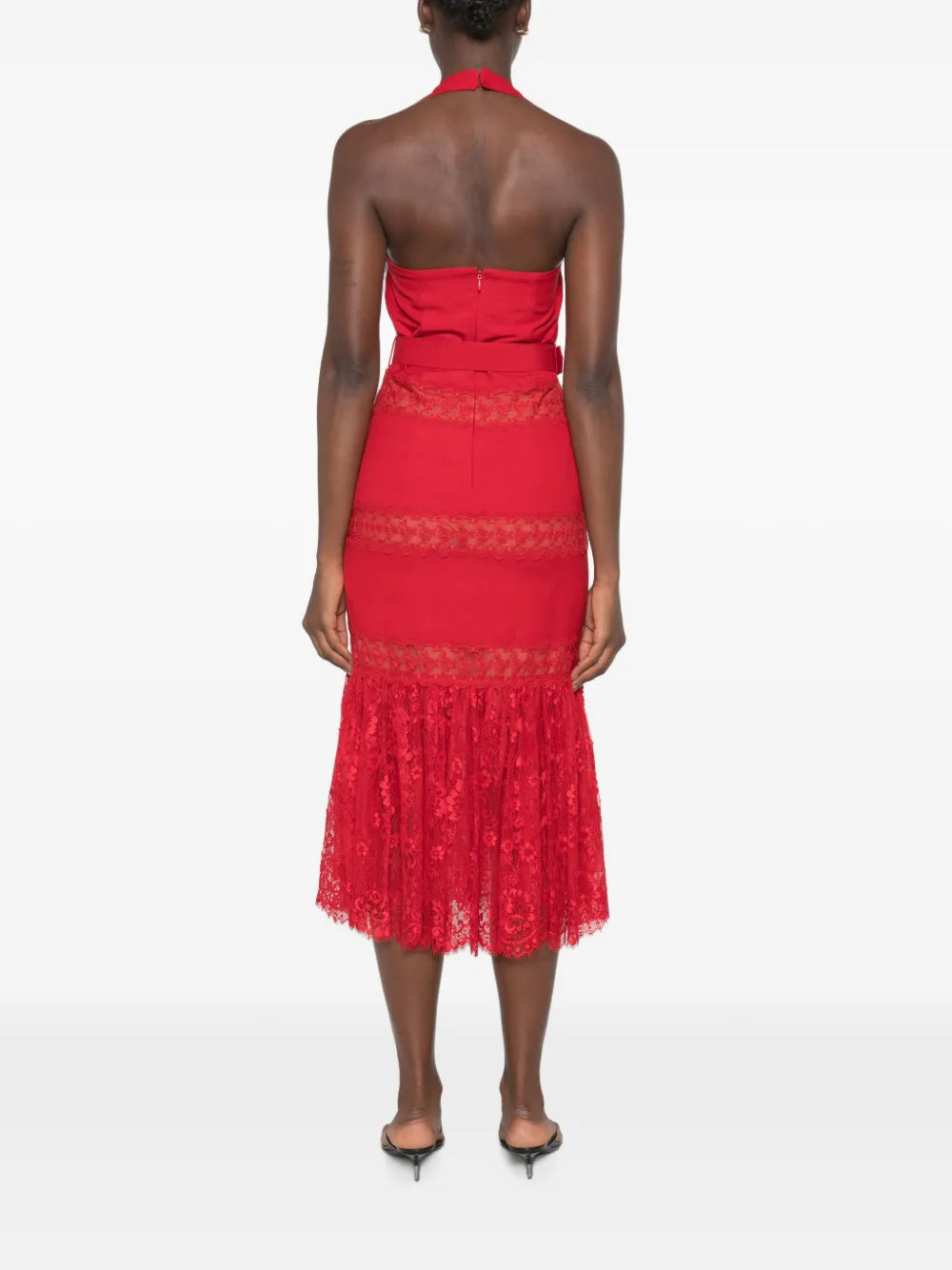 Midi dress with lace trim and belt