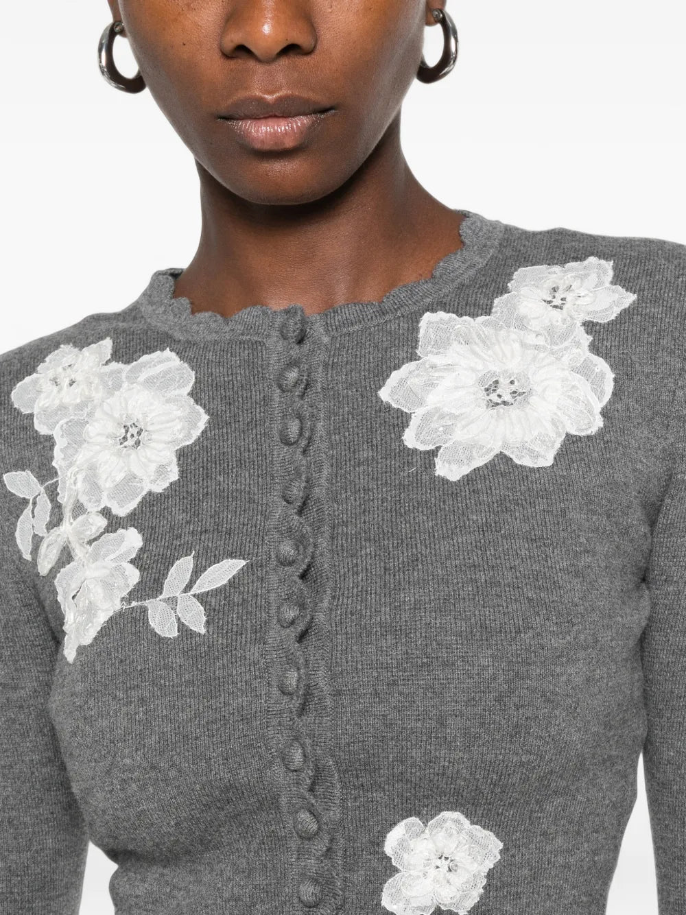 Cropped Cardigan with Floral Appliqué