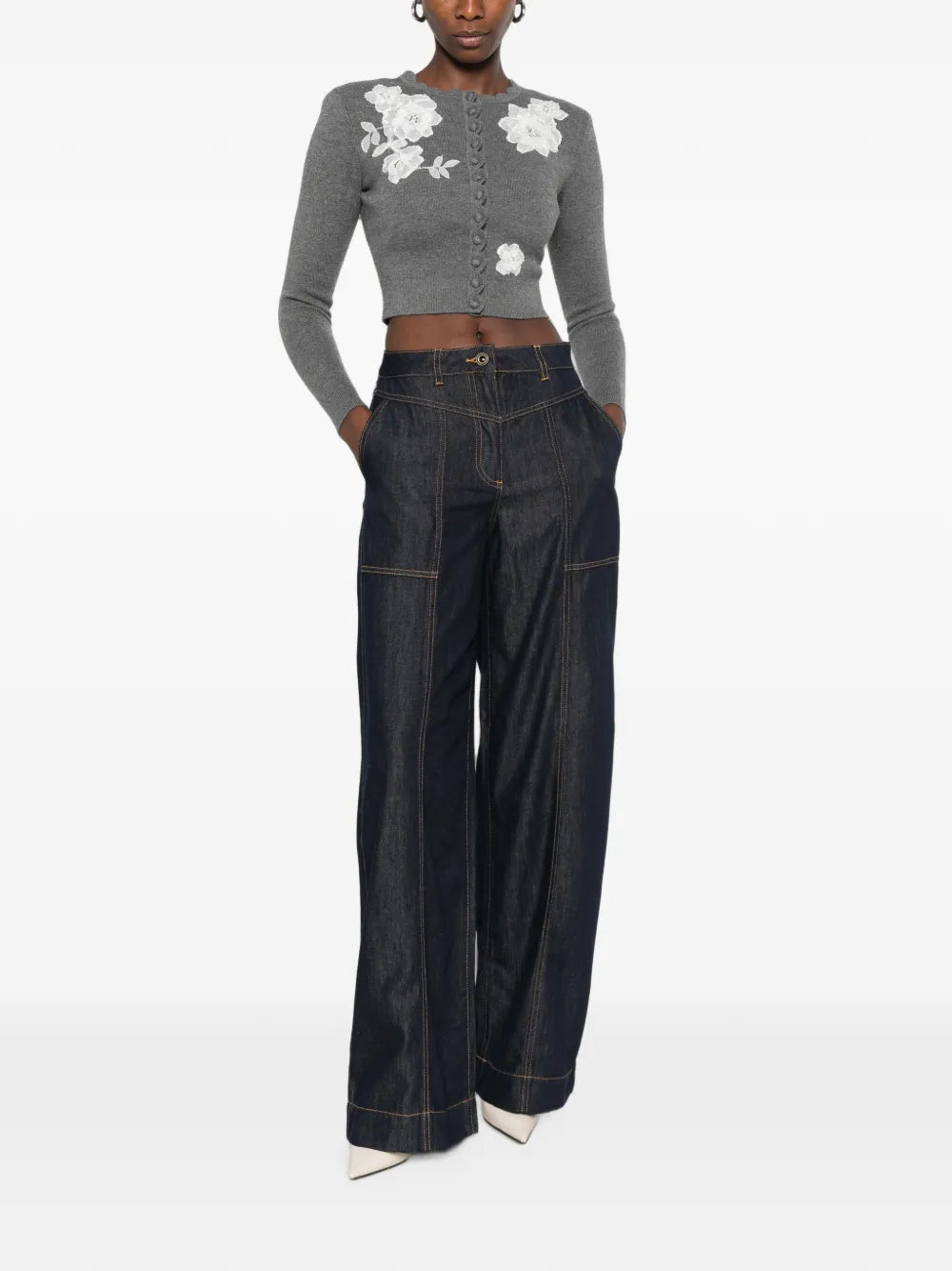 Cropped Cardigan with Floral Appliqué