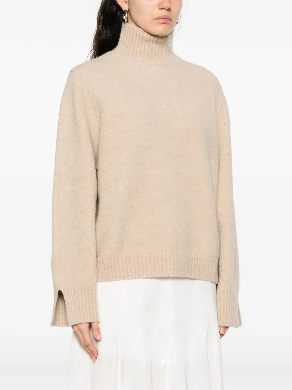 Stand-up collar sweater with slitted cuffs