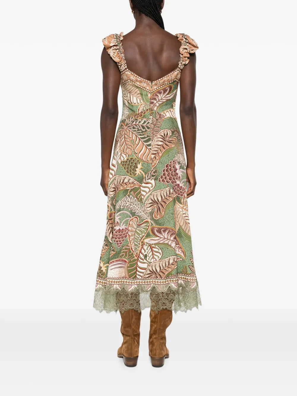 Midi dress with ruffles and leaf pattern