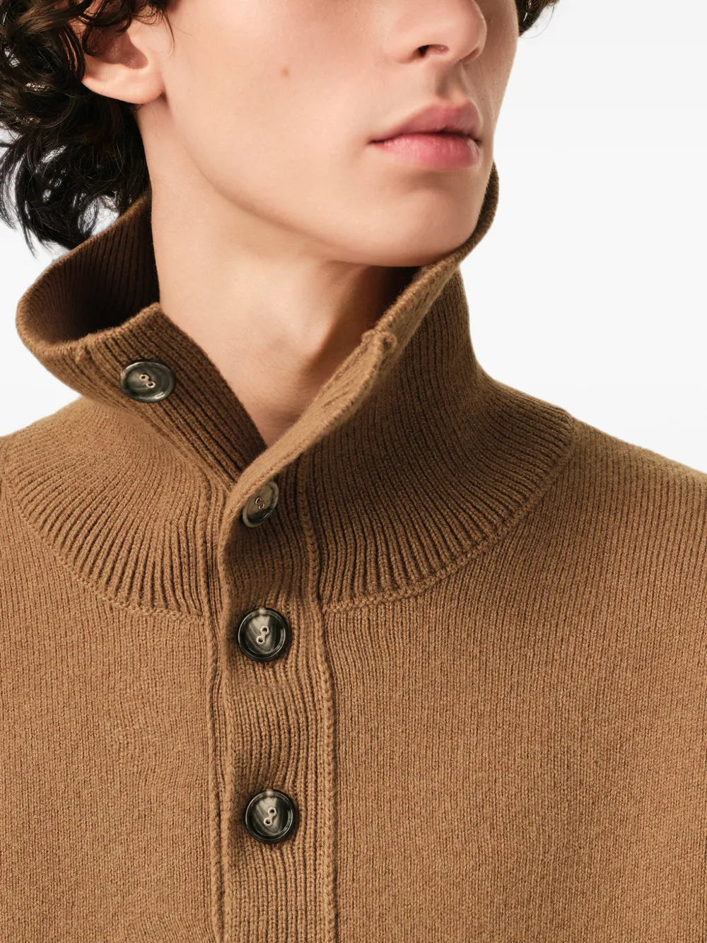 Wool sweater with high buttoned collar