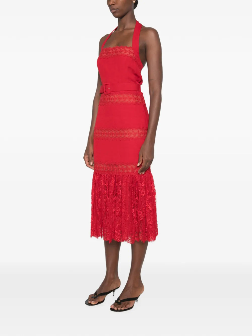 Midi dress with lace trim and belt